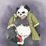  1:1 2014 anthro balls belly black_body black_fur blush bodily_fluids clothed clothing cum ejaculation eyes_closed fur genital_fluids genitals kemono male masturbation navel nintendo open_clothing open_shirt open_topwear overweight overweight_male pangoro penis pok&eacute;mon pok&eacute;mon_(species) shirt snow_utamaru solo sweat tongue tongue_out topwear video_games white_body white_fur 