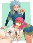  2girls arm_support artist_name big_hair blue_hair blush bracer breasts cheese cheese_trail commission crossover dress eating food highres large_breasts long_hair long_sleeves lying magi_the_labyrinth_of_magic morgiana multiple_girls on_back pink_eyes pink_hair pizza ryouko_(tenchi_muyou!) seraziel side_ponytail sitting sleeveless sleeveless_dress small_breasts tenchi_muyou! white_dress yellow_eyes 