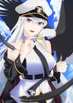  1girl azur_lane bird black_coat black_neckwear black_skirt blue_sky cloud coat collared_shirt eagle enterprise_(azur_lane) feathers gold_trim hat highres long_hair military_hat miniskirt necktie open_clothes open_coat peaked_cap pleated_skirt purple_eyes shirt silver_hair skirt sky sleeveless tohko very_long_hair white_shirt 