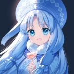  1girl :d ainu_clothes bangs black_background blue_eyes blue_hair blue_headwear eyebrows_visible_through_hair fate/grand_order fate_(series) flower fur_trim hand_up hat holding holding_flower illyasviel_von_einzbern long_hair looking_at_viewer open_mouth parted_bangs pink_flower sitonai smile solo upper_body zhi_(yammycheese) 