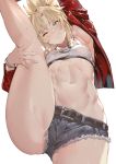  1girl absurdres bandeau bangs blush braid breasts closed_mouth cutoffs denim denim_shorts fate/apocrypha fate_(series) french_braid green_eyes hair_ornament hair_scrunchie highres leg_lift leg_up long_hair looking_at_viewer mordred_(fate) mordred_(fate)_(all) navel parted_bangs ponytail red_scrunchie scrunchie shorts sidelocks simple_background small_breasts split standing standing_on_one_leg standing_split thighs tokopi white_background 