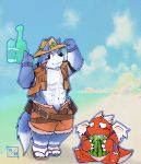  2012 anthro beach blush bottomwear canid canine canis clothing domestic_dog dragon duo food footwear fruit fur hat headgear headwear kemono male mammal melon muscular muscular_male plant red_body sandals seaside shorts sitting snow_utamaru watermelon white_body white_fur 