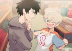  1boy 1girl black_hair blue_eyes blurry blurry_background blush colo_(nagrolaz) fang grey_hair grey_hoodie highres holding holding_clothes holding_shirt hood hood_down indoors long_sleeves one_eye_closed open_mouth orange_shirt profile sakurai_shinichi shirt shop short_hair short_sleeves sign smile upper_body uzaki-chan_wa_asobitai! uzaki_hana 