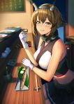  1girl abyssal_ship alcohol black_skirt blush bokukawauso breasts brown_hair choko_(cup) chopsticks cleavage collarbone cup enemy_lifebuoy_(kantai_collection) eyebrows_visible_through_hair fish food gloves green_eyes hair_between_eyes headgear holding holding_cup izakaya kantai_collection large_breasts looking_at_viewer mutsu_(kantai_collection) naked_shirt open_mouth pleated_skirt restaurant sake saury shirt short_hair skirt smile solo unowen white_gloves 