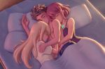  1boy 2girls black_tank_top blonde_hair brown_hair closed_eyes cuddling from_above hetero highres long_hair multiple_girls mythra_(xenoblade) navel parmesan pillow pyra_(xenoblade) red_hair rex_(xenoblade) shirt shirtless short_hair tank_top under_covers white_shirt xenoblade_chronicles_(series) xenoblade_chronicles_2 yellow_eyes 