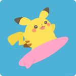  :3 :d blue_background commentary full_body gen_1_pokemon hands_up happy looking_to_the_side no_humans open_mouth pikachu pokemon pokemon_(creature) rizu_(rizunm) simple_background smile solo surfboard surfing_pikachu twitter_username 