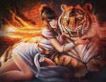  1girl animal animal_hug bangs beehive_hairdo blue_eyes blunt_bangs bow commentary english_commentary hair_bow japanese_clothes k.g.fantasy kimono lipstick makeup mishima_kazumi mole mole_under_eye obi patreon_username pinup_(style) red_bow sash short_sleeves sidelocks signature sunset tekken tekken_7 tiger updo vambraces watermark web_address white_kimono 