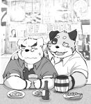  2015 anthro blush clothing domestic_cat duo eyes_closed felid feline felis kemono male mammal monochrome overweight overweight_male shirt sitting snow_utamaru topwear ursid 