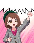  1girl arm_up bangs buttons cardigan clenched_hands collarbone collared_dress commentary_request dress dynamax_band eyelashes gloria_(pokemon) green_headwear grey_cardigan hat lowres open_mouth pink_dress pokemoa pokemon pokemon_(game) pokemon_swsh solo tam_o&#039;_shanter teeth template tongue 