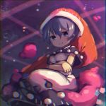  1girl :3 black_capelet blob breasts capelet chromatic_aberration crossed_arms doremy_sweet dress feet_out_of_frame hat highres large_breasts looking_at_viewer nightcap nightgown pom_pom_(clothes) purple_eyes purple_hair short_hair sitting smile solo tail ti_owo touhou 