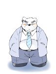  2015 anthro belly blush bottomwear clothing eyewear fur glasses kemono male mammal necktie overweight overweight_male pants polar_bear shirt simple_background snow_utamaru solo topwear ursid ursine white_background white_body white_fur 