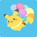 :3 :d balloon blue_background commentary floating flying_pikachu full_body gen_1_pokemon hands_up happy no_humans open_mouth pikachu pokemon pokemon_(creature) rizu_(rizunm) simple_background smile solo twitter_username 