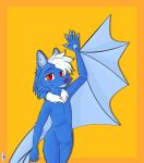  absurd_res anthro astaribat_alex astaribat_character bat_wings blue_body canid canine digital_drawing_(artwork) digital_media_(artwork) fox fur greeting half_body happy hello hi_res hybrid kadeki male male/male mammal membrane_(anatomy) membranous_wings nude paws pose purple_nose red_eyes solo standing wings 