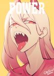  1girl chainsaw_man character_name colo_(nagrolaz) crosshair_pupils dated demon_horns hair_between_eyes highres horns open_mouth portrait power_(chainsaw_man) red_horns red_shirt sharp_teeth shirt signature simple_background solo teeth tongue tongue_out yellow_background 