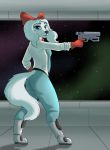  anthro bird_dog blue_eyes boots bow canid canine canis clothing digitigrade domestic_dog el-gallo fay_spaniel female footwear fur gloves gun handwear hi_res hunting_dog jacket laser_gun looking_at_viewer mammal nintendo pose ranged_weapon solo space spaniel star_fox topwear video_games weapon white_body white_fur 