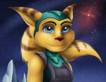  angela_cross anthro armor blue_eyes breasts clothing ear_markings eyebrows eyelashes facial_markings female fur hair hat head_markings headgear headwear hi_res highlights_(coloring) lombax mammal markings ponytail ratchet_and_clank smile sofie-spangenberg solo sony_corporation sony_interactive_entertainment star video_games yellow_body yellow_fur 