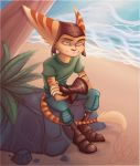  2019 5_fingers anthro beach bottomwear brown_nose clothing crossed_arms ear_markings eyebrows facial_markings farorest fingers footwear fur gloves grass handwear hat head_markings headgear headwear hi_res lombax long_tail male mammal markings pants ratchet ratchet_and_clank rock seaside shirt shoes sitting sony_corporation sony_interactive_entertainment tail_markings topwear tree video_games water white_eyes yellow_body yellow_fur 