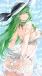  1girl absurdres ass bangs bare_arms bare_shoulders bikini bikini_under_clothes black_bikini black_ribbon blush breasts c.c. closed_mouth code_geass commentary_request cowboy_shot dress eyebrows_visible_through_hair green_hair hat hat_ribbon highres kou_mashiro large_breasts leaning_forward long_hair looking_at_viewer looking_back ribbon sideboob sleeveless sleeveless_dress smile solo sun_hat swimsuit very_long_hair white_dress white_headwear yellow_eyes 
