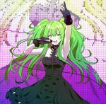  1girl aimai-me alternate_costume bare_shoulders black_dress black_gloves breasts commentary_request dm_owr dress girls_frontline gloves green_hair highres holding holding_microphone long_hair looking_at_viewer m950a_(girls_frontline) microphone music open_mouth pointing pointing_up singing smile solo strapless strapless_dress twintails yellow_eyes 