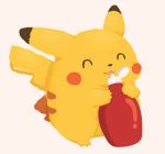  :3 ^_^ bottle closed_eyes commentary full_body gen_1_pokemon happy holding holding_bottle ketchup ketchup_bottle licking no_humans pikachu pokemon pokemon_(creature) rizu_(rizunm) simple_background solo standing tongue tongue_out twitter_username 