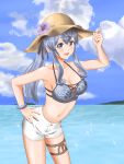  1girl :d adjusting_clothes adjusting_headwear bare_shoulders bikini blue_bikini blue_eyes blue_hair blue_nails blue_sky blush bracelet breasts brown_headwear cleavage cloud collarbone commentary_request day gotland_(kantai_collection) hand_on_hip hat highres jewelry kantai_collection leaning_forward long_hair medium_breasts midriff mole mole_under_eye nail_polish navel ocean open_mouth outdoors ponytail sidelocks sky smile solo sparkle sun_hat swimsuit tanissy thigh_strap very_long_hair 
