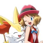  1girl bare_arms blue_eyes blue_ribbon braixen commentary_request eyebrows_visible_through_hair eyelashes gen_6_pokemon hat highres light_brown_hair looking_back monoshiri_hakase official_style open_mouth pink_headwear pokemon pokemon_(anime) pokemon_(creature) pokemon_xy_(anime) ribbon serena_(pokemon) short_hair smile tongue white_background 