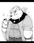  2015 anthro black_bars blush bottomwear clothing eyewear glasses hat headgear headwear kemono letterbox male mammal monochrome overweight overweight_male pants scarf shirt snow_utamaru solo topwear ursid 