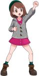  1girl arm_up boots brown_eyes brown_footwear brown_hair buttons cardigan clenched_hands collared_dress commentary_request dress eyelashes gloria_(pokemon) green_headwear green_legwear grey_cardigan hat knees legs_apart open_mouth pink_dress plaid plaid_legwear pokemoa pokemon pokemon_(game) pokemon_swsh socks solo standing tam_o&#039;_shanter teeth tongue transparent_background 