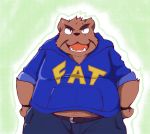  2016 anthro blush brown_body brown_fur clothing fur hoodie kemono male mammal overweight overweight_male scar snow_utamaru text text_on_clothing topwear ursid 