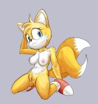  anthro canid canine clothing crossgender female footwear fours_(artist) fox fur genitals kneeling mammal miles_prower multi_tail pussy shoes solo sonic_the_hedgehog_(series) tails_(disambiguation) yellow_body yellow_fur 