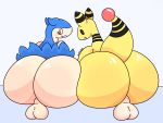  4:3 ampharos ass_to_ass backsack balls big_butt black_eyes blue_body blue_fur butt butt_focus duo fangs fur genitals hi_res looking_at_viewer looking_back male nintendo noirnoir nude open_mouth open_smile perineum pok&eacute;mon pok&eacute;mon_(species) raised_tail red_eyes semi-anthro simple_background sitting smile tan_body tan_perineum tan_skin typhlosion video_games yellow_body yellow_skin 