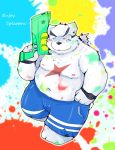  2015 anthro belly blush bottomwear bulge clothing fur hi_res kemono male mammal navel nipples overweight overweight_male pants polar_bear snow_utamaru solo ursid ursine white_body white_fur 