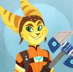  2019 absurd_res anthro arm_markings blue_background brown_body brown_fur cheek_tuft clothing ear_markings facial_markings facial_tuft fur gloves green_eyes handwear hat head_markings head_tuft headgear headwear hi_res holding_object holding_weapon lombax male mammal markings ratchet ratchet_and_clank simple_background smile solo sony_corporation sony_interactive_entertainment trishabeakens tuft video_games weapon yellow_body yellow_fur 