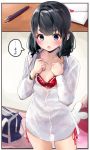  1girl bag black_hair blue_eyes blush bra commentary_request e-co love_letter low_twintails no_pants open_mouth original panties partially_unbuttoned pen red_bra school_bag shirt side-tie_panties speech_bubble thick_eyebrows twintails underwear white_shirt 