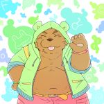  1:1 2014 anthro belly bottomwear clothing eyes_closed hoodie kemono male mammal navel overweight overweight_male pants snow_utamaru solo tongue tongue_out topwear ursid 