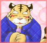  2012 anthro biped blush clothed clothing eyes_closed felid kemono low_res male mammal pantherine portrait shirt singing snow_utamaru solo tiger topwear 