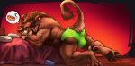  4_ears anthro bed bedding brown_body brown_fur bulge butt charr claws clothing digital_media_(artwork) dildo fangs felid food fur furniture grin guild_wars hair hi_res horn hot_dog looking_at_viewer male mammal multi_ear muscular pawpads paws raised_tail sex_toy shy smile solo tuft underwear vateo video_games 