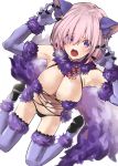  1girl absurdres animal_ears breasts dangerous_beast elbow_gloves fate/grand_order fate_(series) gloves highres jikatarou large_breasts looking_at_viewer mash_kyrielight open_mouth pink_hair purple_eyes purple_gloves purple_legwear short_hair simple_background solo sweat tail thighhighs 