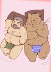  2015 anthro asian_clothing belly brown_body brown_fur clothing duo east_asian_clothing eyes_closed fundoshi fur human japanese_clothing kemono male male/male mammal moobs nipples overweight overweight_male pillow snow_utamaru underwear ursid 