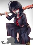  ahoge baseball_bat black_hair black_skirt blood blood_on_face caiman-pool cait_(caiman-pool) covered_mouth delinquent english_commentary english_text full_body holding holding_baseball_bat joint_(drug) loafers long_skirt marijuana mask mouth_mask nail nail_bat original red_eyes school_uniform serafuku shoes signature skirt squatting sukeban surgical_mask 