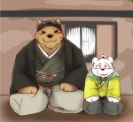  2014 anthro blush brown_body brown_fur clothed clothing duo eyes_closed fully_clothed fur grizzly_(shirokuma_cafe) kemono kneeling male mammal overweight overweight_male shirokuma_cafe snow_utamaru ursid white_body white_fur 
