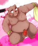  2013 anthro balls belly blush bodily_fluids brown_body brown_fur erection eyes_closed fur genitals kemono male mammal moobs navel nipples overweight overweight_male penis snow_utamaru solo sweat ursid 