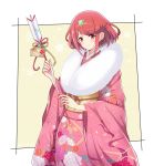  1girl bangs blush border closed_mouth costume_request eyebrows_visible_through_hair highres japanese_clothes kimono looking_at_viewer mochimochi_(xseynao) nopon obi object_request pink_kimono pyra_(xenoblade) red_eyes red_hair sash short_hair smile solo swept_bangs white_border xenoblade_chronicles_(series) xenoblade_chronicles_2 