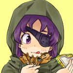  1girl :d eating eyepatch food lowres mirai_nikki ndo2 one-eyed open_mouth purple_eyes purple_hair sandwich smile solo squirrel uryuu_minene 