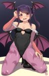  1girl animal_print bat_print bat_wings black_background black_leotard breasts bridal_gauntlets cleavage clothing_cutout commentary_request cosplay demon_girl finalcake head_wings heart_cutout highres jill_stingray kneeling leotard long_hair looking_at_viewer low_wings morrigan_aensland morrigan_aensland_(cosplay) pantyhose print_legwear purple_hair purple_legwear purple_wings red_eyes small_breasts solo strapless strapless_leotard succubus twintails va-11_hall-a vampire_(game) wings 