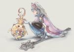  1girl blush cape full_body gloves grey_background hat head_wings huiyuan melia_antiqua nopon petting riki_(xenoblade) shadow silver_hair simple_background squatting staff thighhighs twitter_username white_gloves xenoblade_chronicles xenoblade_chronicles_(series) 