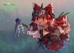  1girl angry ascot bangs bare_shoulders barrel blush_stickers bow breastplate brown_eyes brown_hair chibi collared_shirt commentary_request cookie_(touhou) copyright_name detached_sleeves frilled_bow frilled_skirt frills gauntlets gohei hair_between_eyes hair_bow hair_tubes hakurei_reimu helmet highres holding medium_hair monster_hunter monster_hunter:_world nontraditional_miko paw_print pickaxe rathalos_(armor) red_bow red_shirt red_skirt ribbon-trimmed_sleeves ribbon_trim sakenomi_(cookie) shirt sidelocks skirt skirt_set sleeveless sleeveless_shirt solo tomovan touhou triangle_mouth yellow_neckwear 