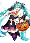  1girl :d alternate_costume animal_ears bangs bare_shoulders basket black_cat black_dress black_footwear black_gloves black_legwear bow breasts candy cat cat_ears cat_tail choker collarbone commentary_request detached_sleeves dress fake_animal_ears fake_tail fang feet_up food frills gloves hair_ribbon halloween hatsune_miku highres long_hair looking_at_viewer open_mouth orange_bow purple_legwear ribbon shoes simple_background smile solo striped striped_legwear tail tasuku_(user_fkzv3343) thighhighs twintails very_long_hair vocaloid white_background zettai_ryouiki 