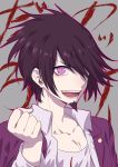  1boy alternate_hairstyle clenched_hand collarbone collared_shirt commentary_request danganronpa face facial_hair goatee grey_background highres jacket jacket_on_shoulders long_sleeves looking_at_viewer male_focus momota_kaito nanin new_danganronpa_v3 open_mouth pink_eyes purple_hair purple_jacket shirt short_hair smile solo teeth white_shirt 