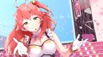  1girl bell breasts cleavage commentary_request green_eyes hair_bell hair_ornament highres hololive looking_at_viewer medium_breasts red_hair sakura_miko short_hair side_ponytail smile solo virtual_youtuber yuyaiyaui 